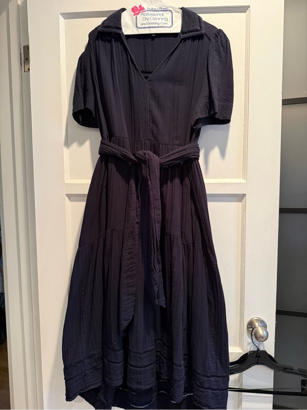 ME+EM Navy Short-Sleeve V-Neck Midi Dress with Tie Waist